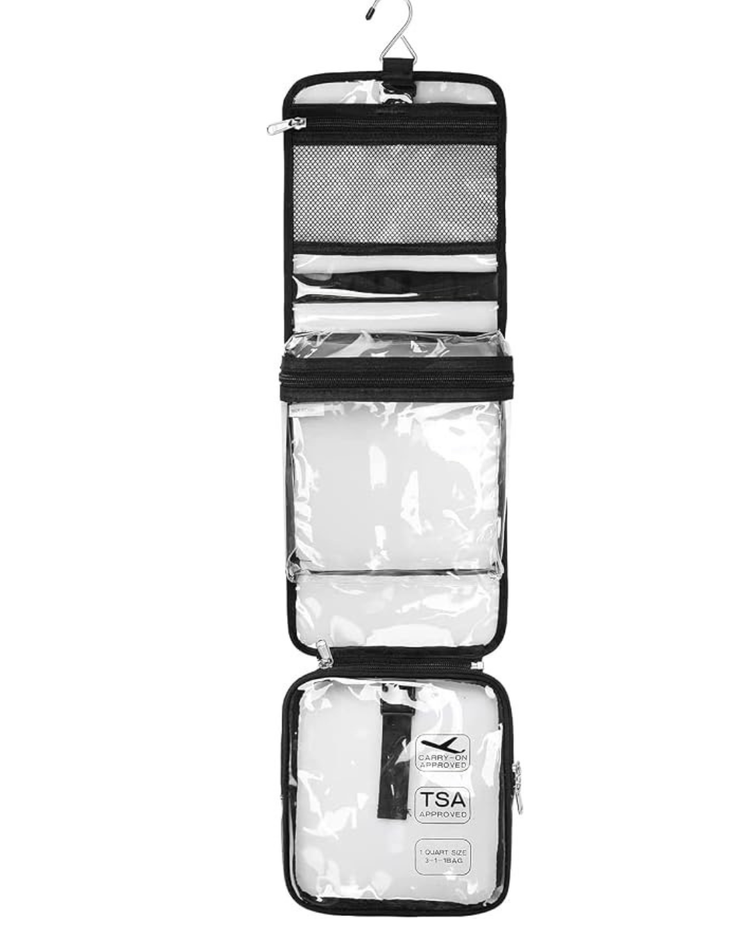 A travel organizer with multiple clear compartments and zippers, designed for organizing toiletries or accessories; hanging hook at the top.