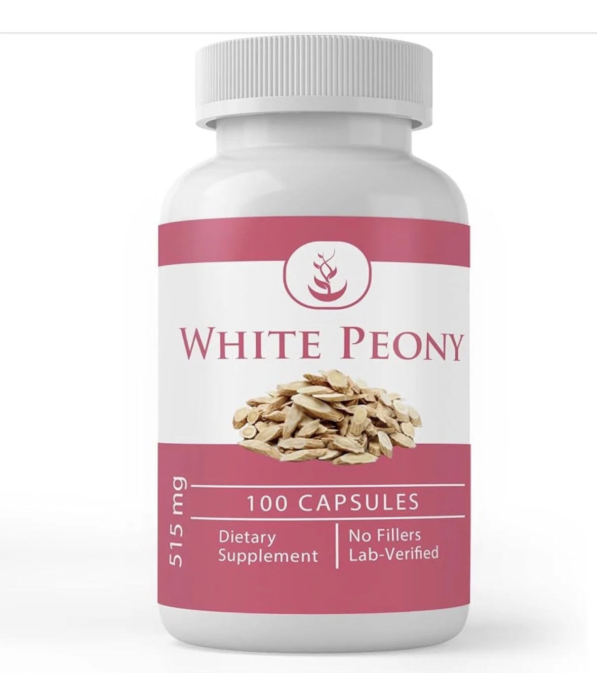 Bottle of White Peony dietary supplement with 100 capsules, containing 515 mg each, label indicates no fillers and lab-verified.
