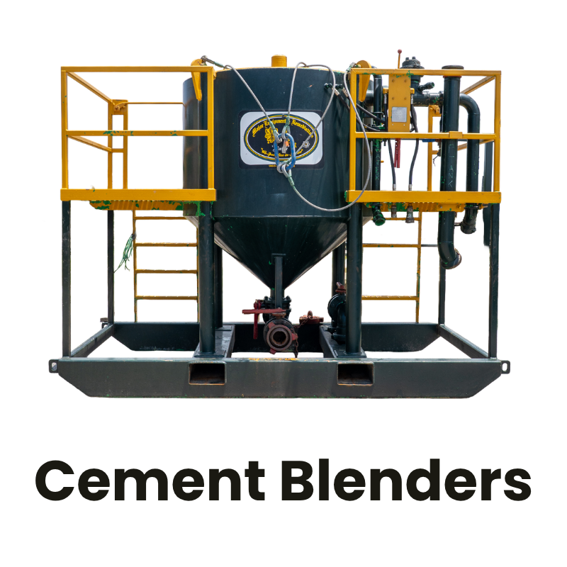 Industrial cement blender machine with black tank, yellow safety railings, and ladder, labeled 'Cement Blenders'.