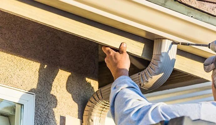 A person installing or repairing exterior soffit above a window with a screwdriver, with a flexible vent pipe visible.