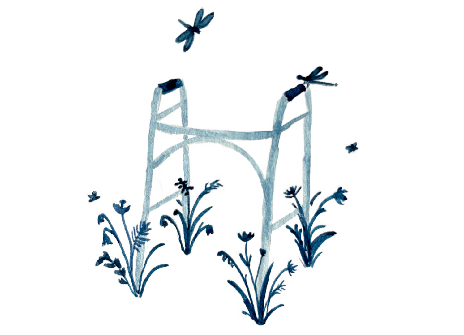A blue and white illustration of a decorated walker surrounded by flowers and bees.