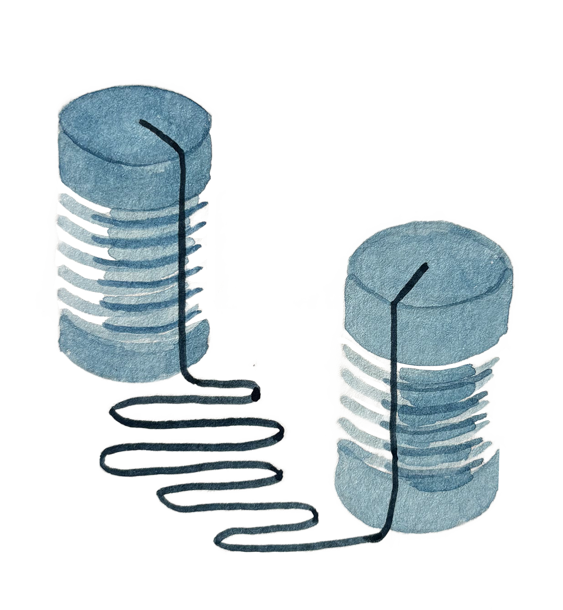 Illustration of two stacks of blue coins connected by a black wire.