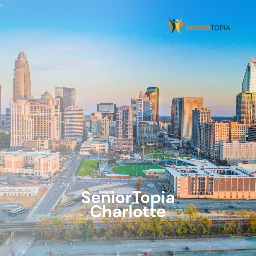 Aerial view of Charlotte's skyline with skyscrapers and a football stadium in the foreground, logo and text for SeniorTopia Charlotte in the top right corner.
