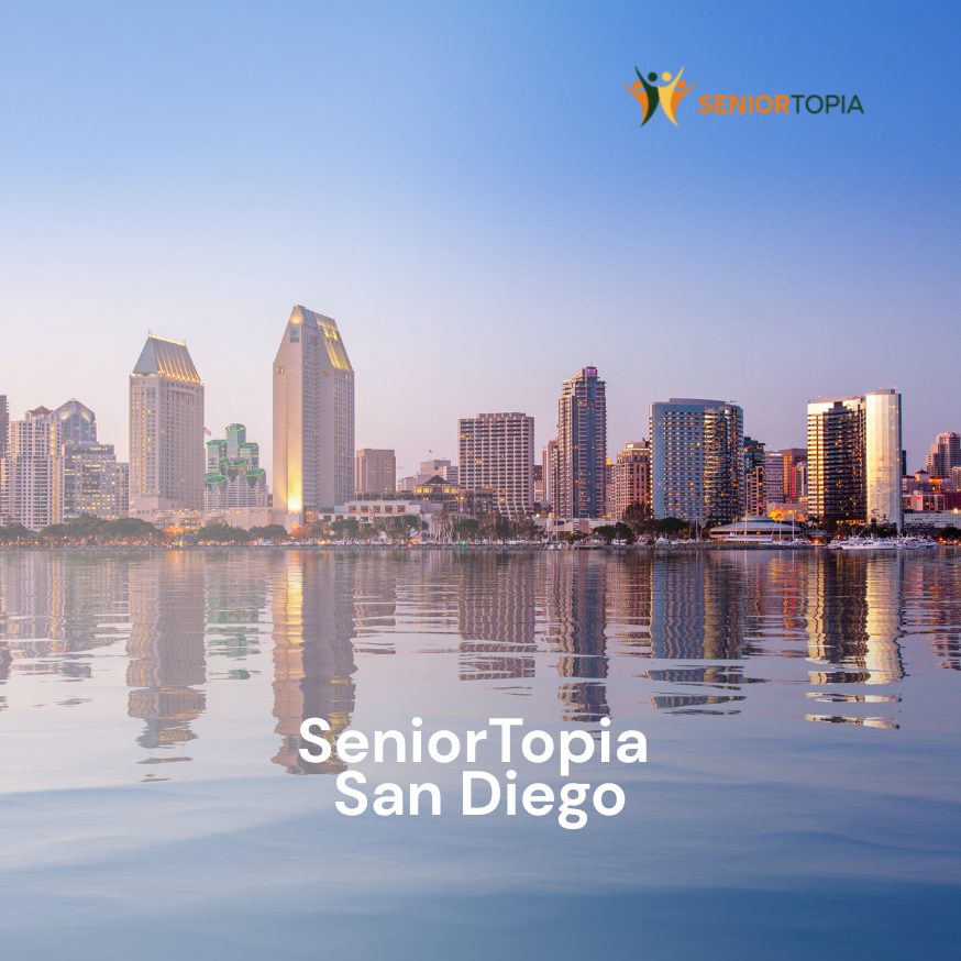 San Diego skyline with city buildings reflected in the water, logo for SeniorTopia in the top right corner, and text reading "SeniorTopia San Diego" in the center.
