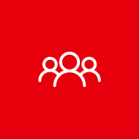 Icon of three people on a red background.