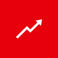 White upward trending arrow on red background.