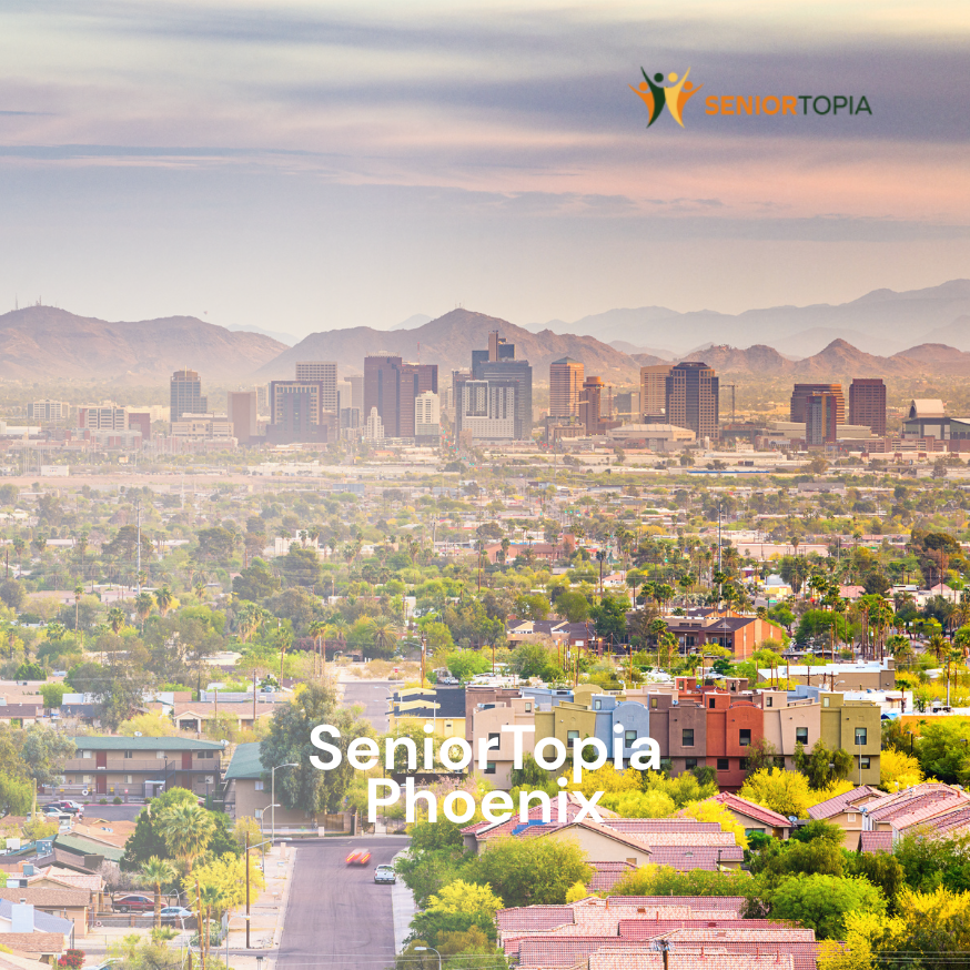 A city skyline of Phoenix with mountains in the background and residential neighborhoods in the foreground, overlaid with the SeniorTopia Phoenix logo and text.