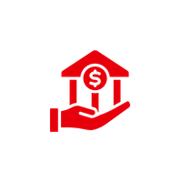 A red hand holding a bank building with a dollar sign, symbolizing financial support or banking services.