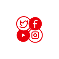 Social media icons for Twitter, Facebook, YouTube, and Instagram in red circles.