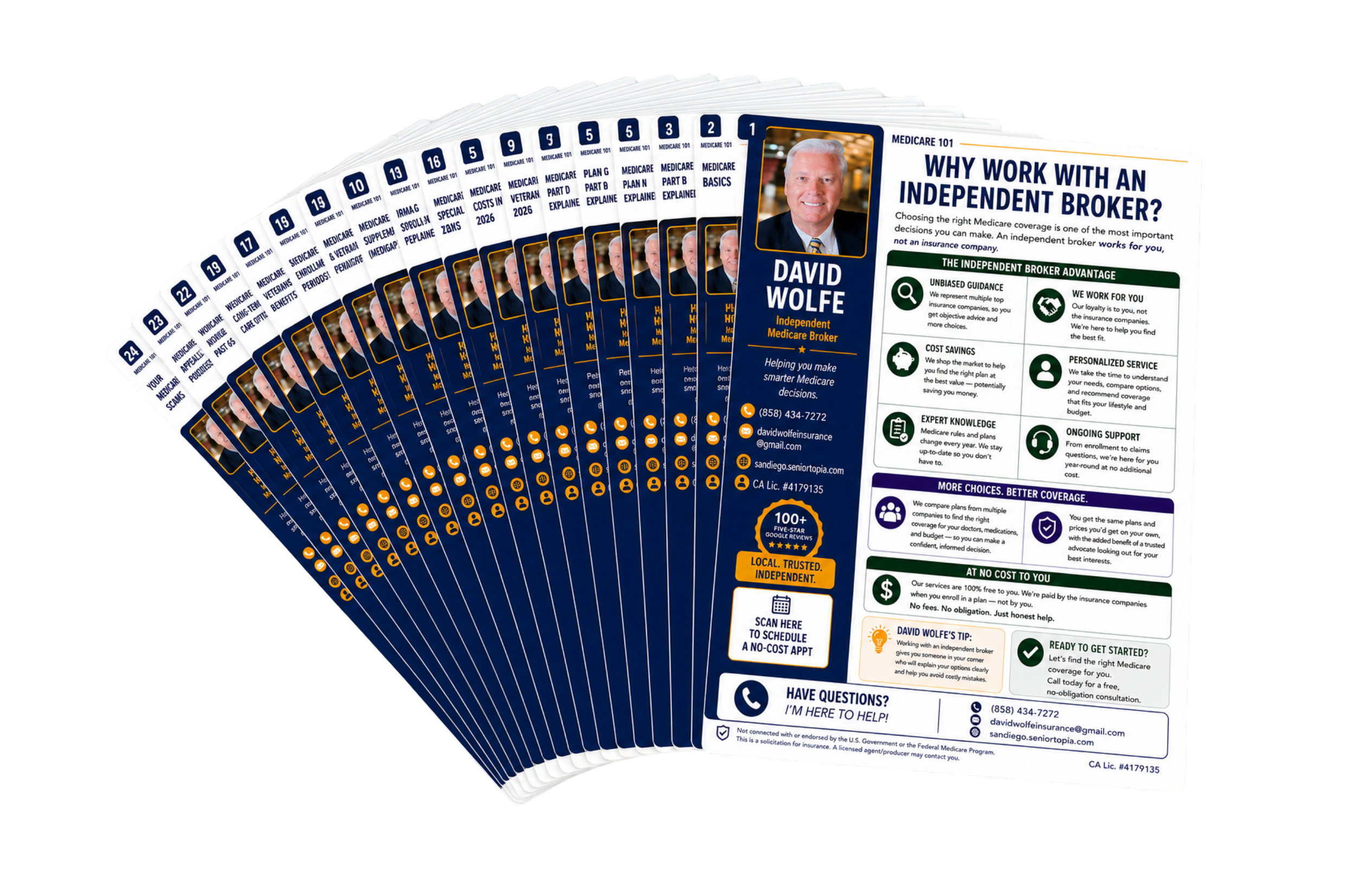 Stack of informational flyers about working with an independent Medicare broker, featuring a photo of a smiling man, contact details, and benefits of using an independent broker.