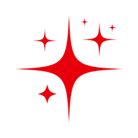 Red logo resembling a stylized sparkle with four smaller sparkles around it on a black background