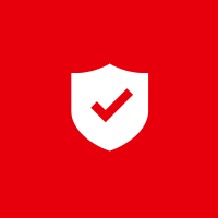 Red background with a white shield and checkmark icon indicating security or protection