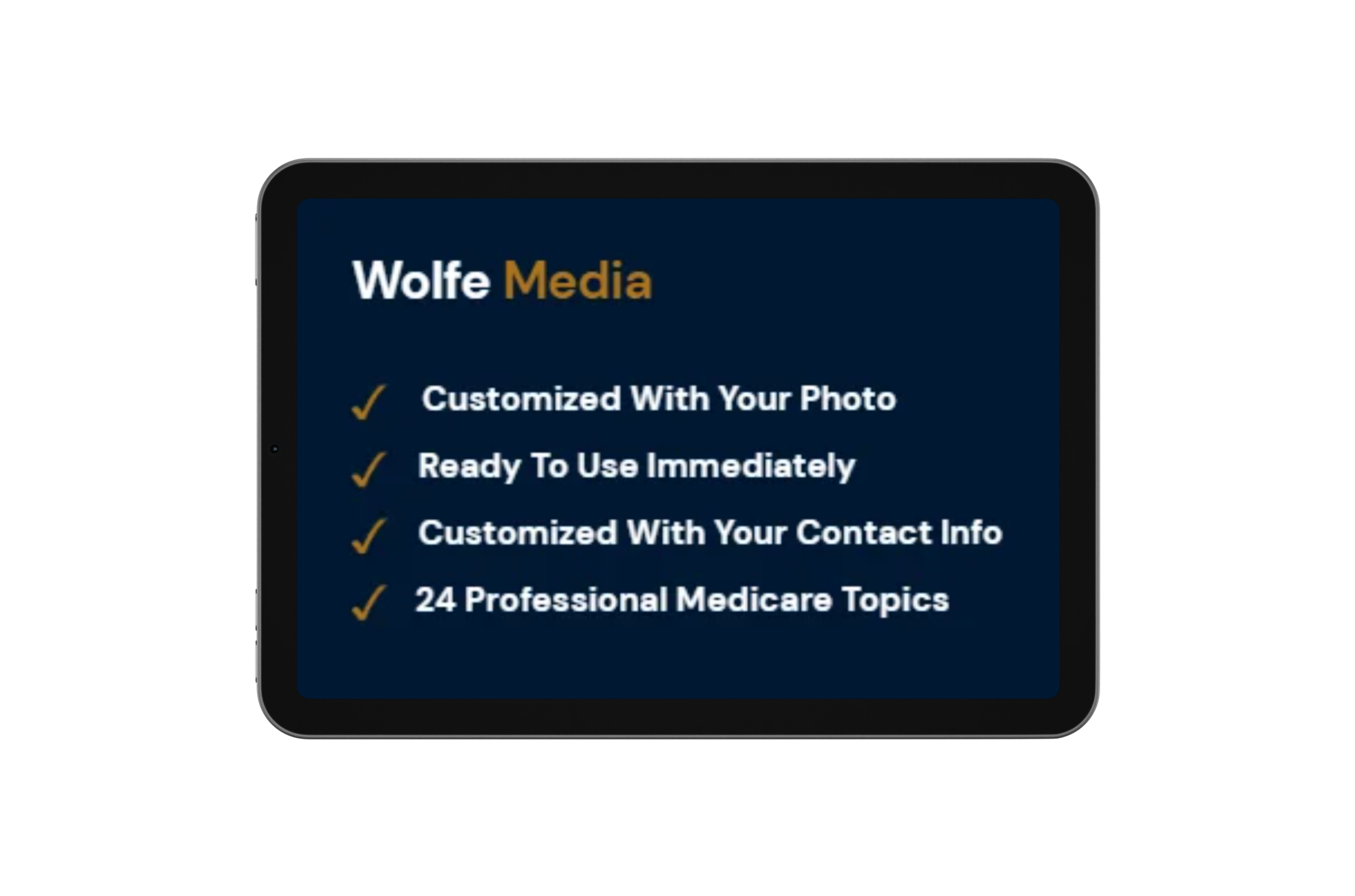 Partial view of a smartphone screen displaying a list titled 'Wolfe Media' with checkmarks next to features such as 'Customized With Your Photo' and 'Ready To Use Immediately.'