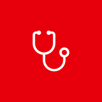 White stethoscope icon on a red background.