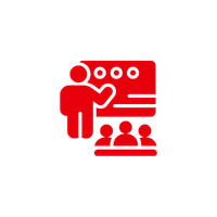 Icon of a person operating a washboard or recycling machine with a group of three people in front.