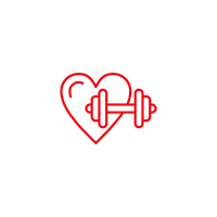 A red outline of a heart with an EKG line and a barbell inside, symbolizing heart health and fitness.