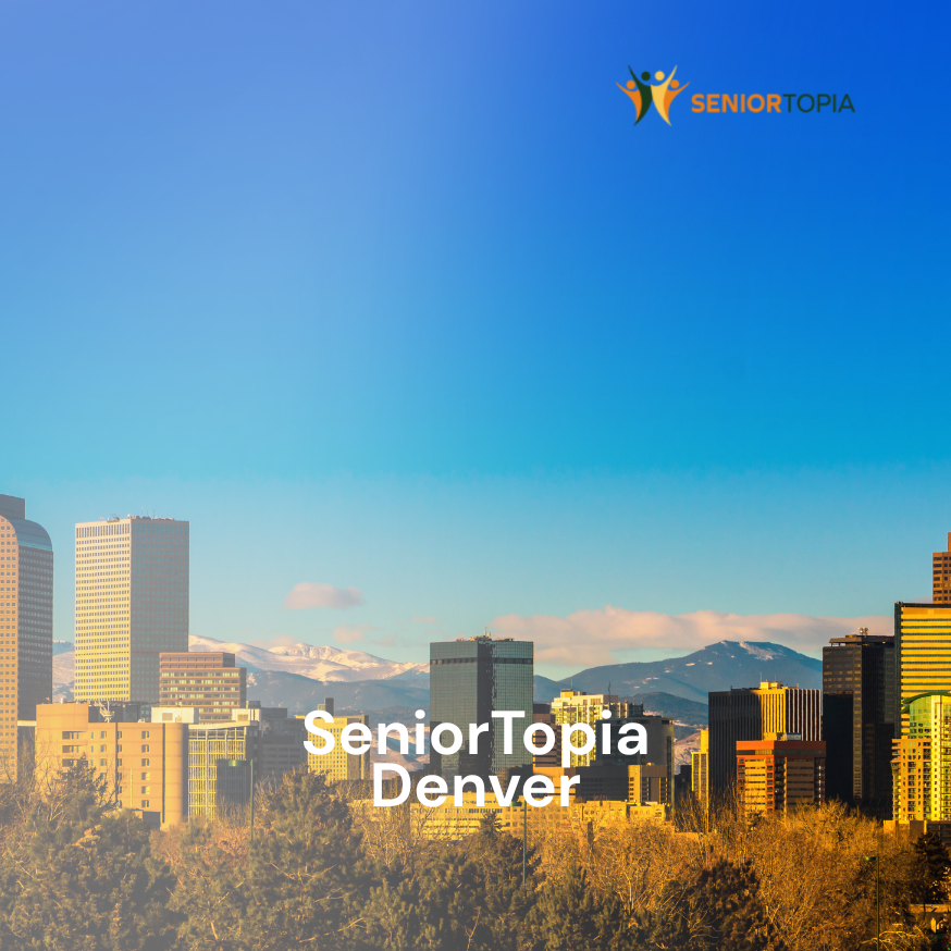 Skyline of Denver, Colorado with high-rise buildings, mountains in the background, and a logo for SeniorTopia in the upper right corner.