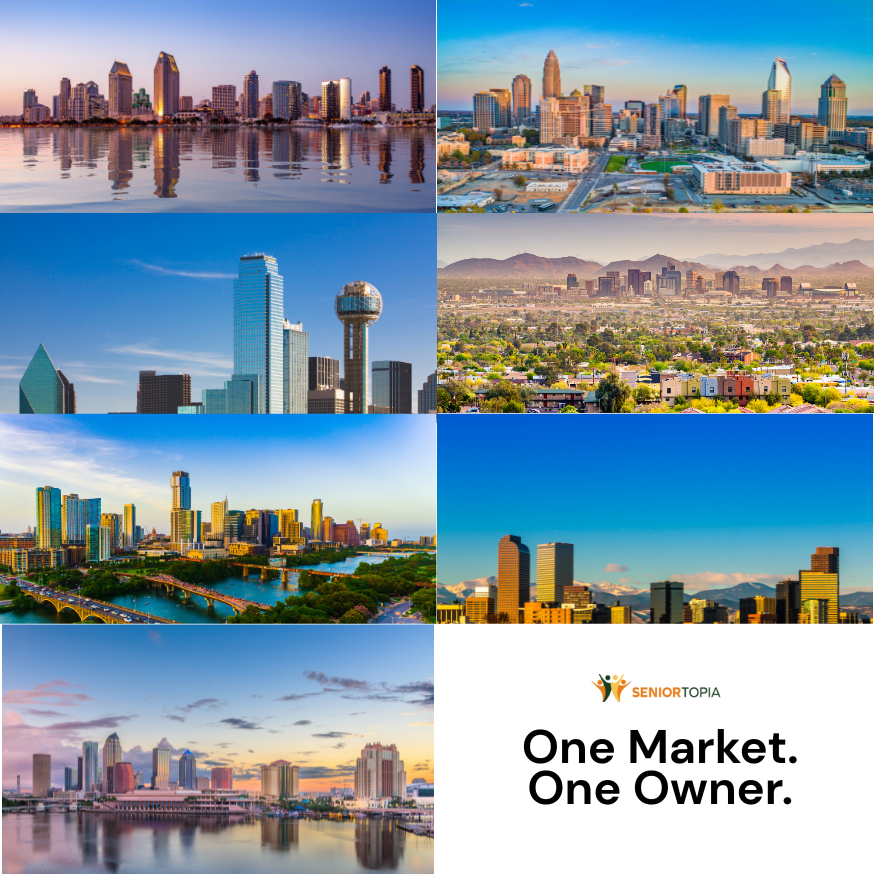 Collage of six city skylines across different U.S. cities, each showing tall buildings and urban landscapes in daytime or sunset. The bottom right section features the logo and text "SENIORTOPIA" and "One Market. One Owner."