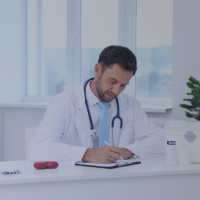 Medical professional writing in a notebook at a desk with a stethoscope around their neck