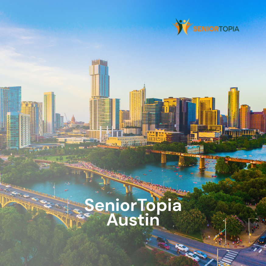 Aerial view of downtown Austin, Texas with skyscrapers, bridges over a river, and green parks, advertising SeniorTopia Austin.