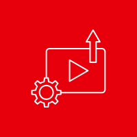 Icon with gear, arrow, and play button on red background, representing settings or process automation.