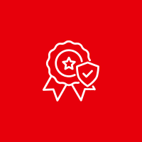 Award ribbon with star and checkmark symbols on a red background