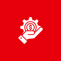 Hand holding a gear with a dollar sign in the center, on a red background.