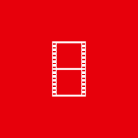 Simple white film strip icon on a red background