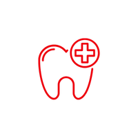 Red outline of a tooth with a circular symbol containing a cross and lines, indicating dental or oral health.