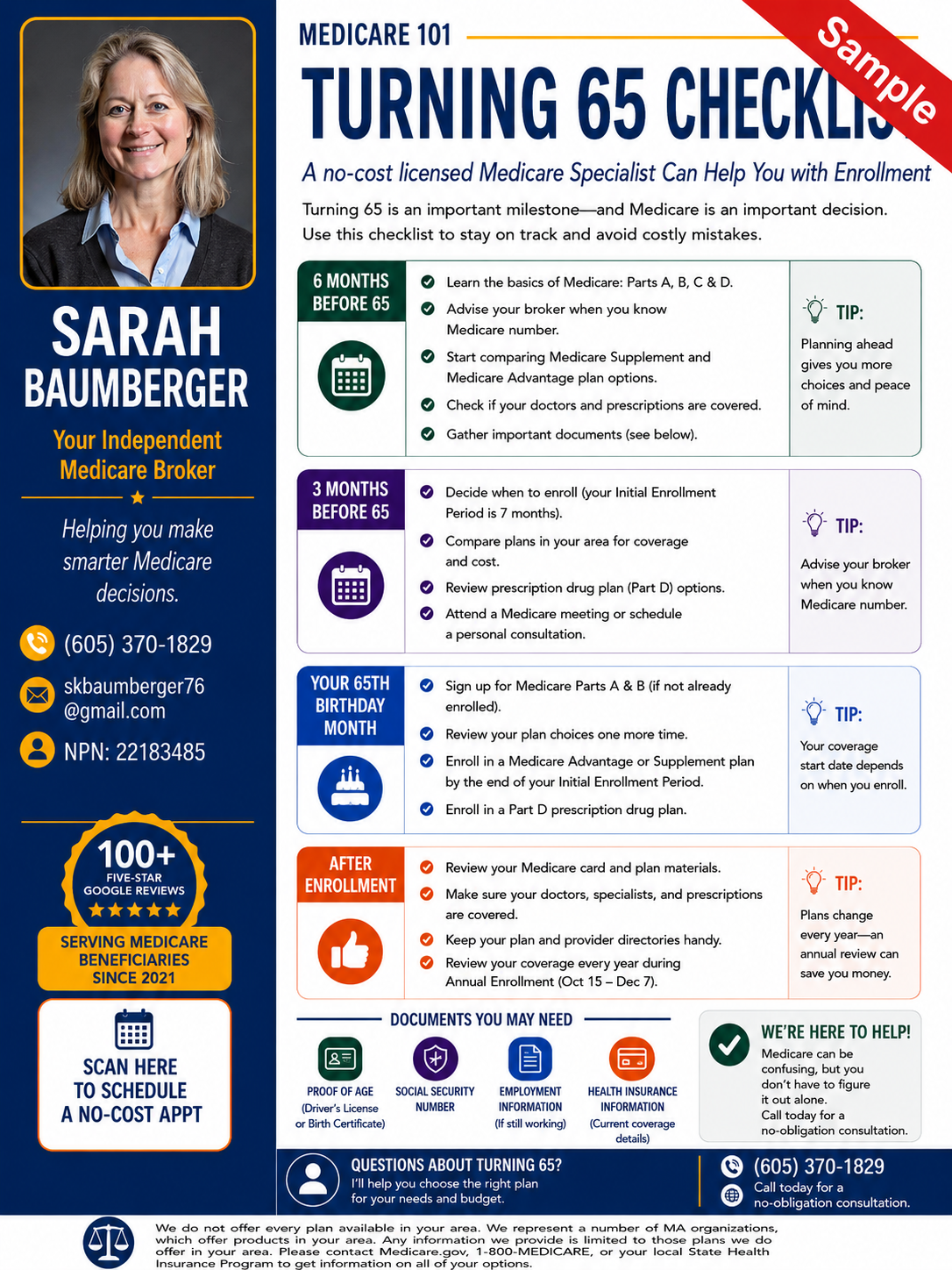 A detailed infographic titled 'Medicare 101 Turning 65 Checklists' with steps for enrolling in Medicare, featuring tips, contact information, and required documents. It includes a photo of a smiling woman named Sarah Baumberger, an independent Medicare broker.