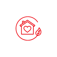 Red line art icon of a house with a heart inside, and a flame to the right of the house.