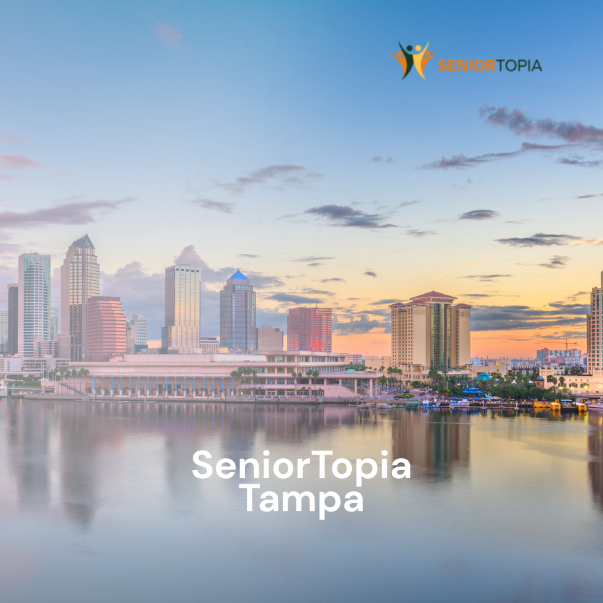 Tampa skyline at sunset with the logo 'SeniorTopia' and text 'SeniorTopia Tampa' over the water.