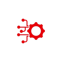 A graphic illustration of a gear surrounded by interconnected nodes, symbolizing technology or automation.