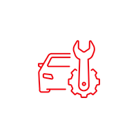 Outline of a car with a wrench and gear icon in front of it, all in red
