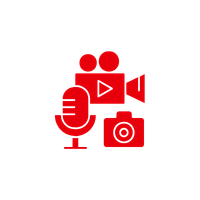 Red icons of a microphone, a video camera, a play button, and a photo camera