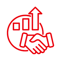 Red outline of a pie chart with ascending bars, a handshake, and an upward arrow symbolizing growth and partnership