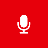 Red background with white microphone icon in the center.