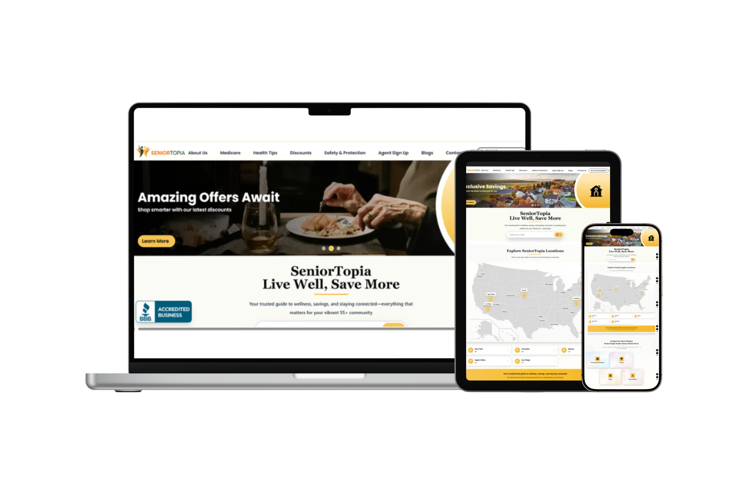 Multiple electronic devices displaying a website for SeniorTopia, a community for seniors offering discounts and resources, with a focus on accessibility and user-friendly design.