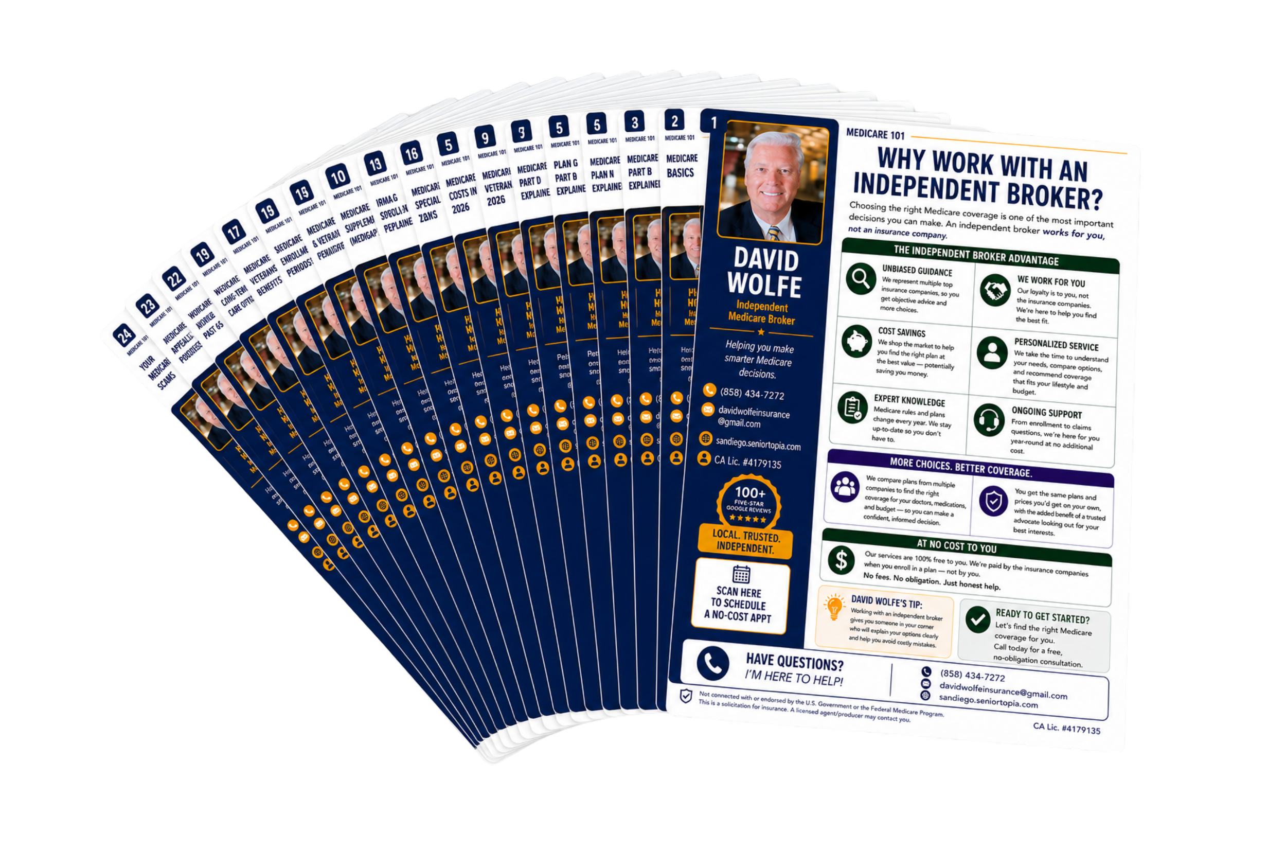 Stack of pamphlets with information about working with an independent Medicare broker, featuring a photo of a man in a suit, contact information, and benefits of independent brokerage.