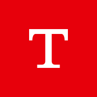 Red background with a large white uppercase letter 'T' in the center.