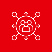 White icon of a group of people inside a circle with arrows pointing outward in all directions, on a red background.