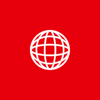 White globe icon on a red background.