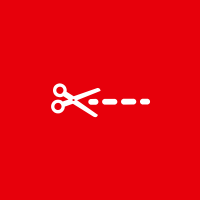 Red background with white scissors icon and dotted line indicating cut.