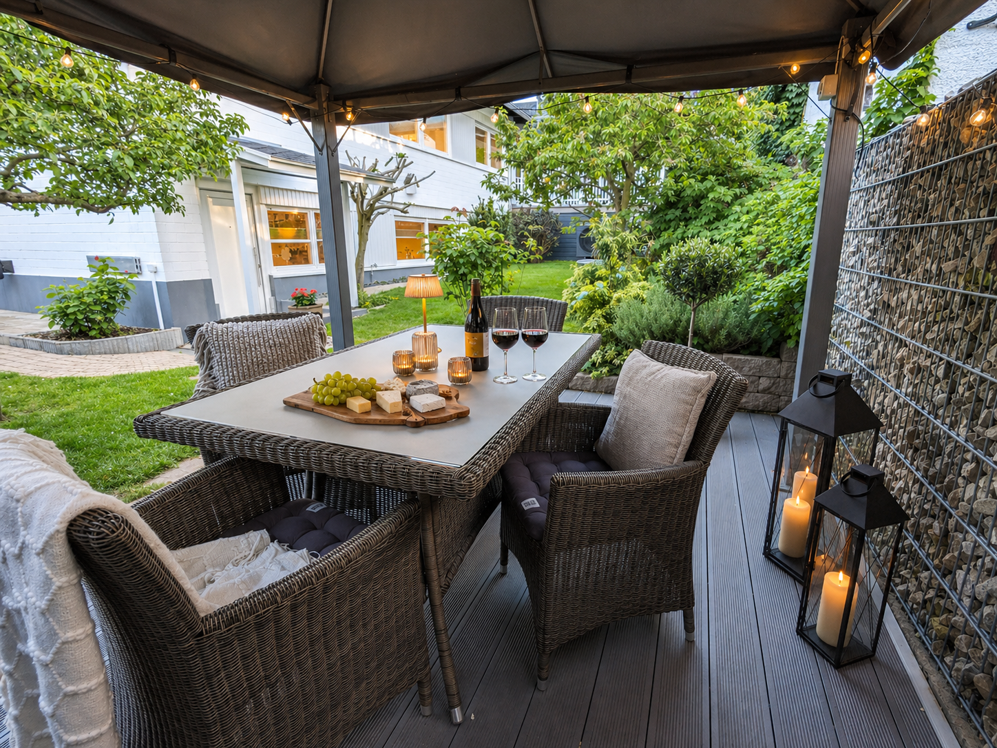 Gemütliche Terrasse mit Gartenmöbeln, Wein und Käse, Kerzen und Lichterkette, bei Sonnenuntergang oder Dämmerung