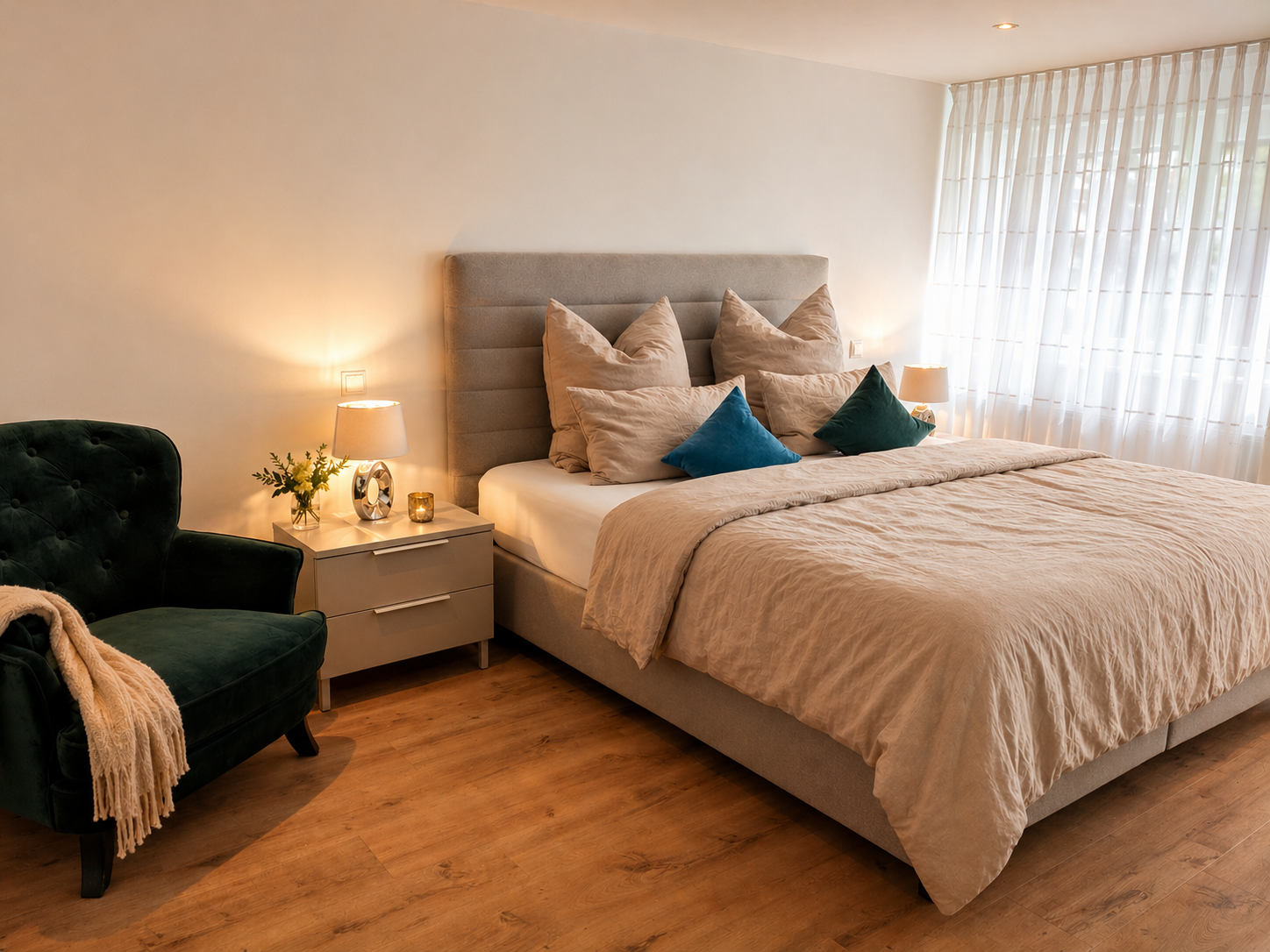 Gemütliches Schlafzimmer mit Doppelbett, großen Kissen, Nachttischen mit Lampen, einem grünen Sessel, Holzfußboden und Vorhängen am Fenster.