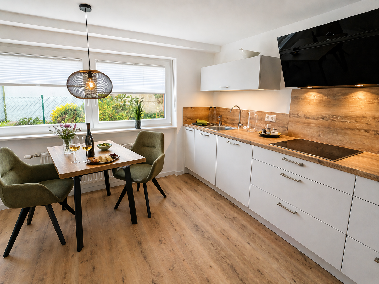 Moderne Küche mit Holzarbeitsplatten, weißen Schränken, einem Esstisch mit drei Stühlen, der mit Getränken und Snacks gedeckt ist, und großen Fenstern mit Blick auf einen Garten.