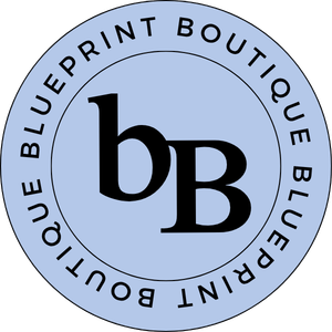 Blue circular logo with black lowercase letters 'bb' in the center, surrounded by the words 'BLUE PRINT BOUTIQUE' repeated twice along the border.