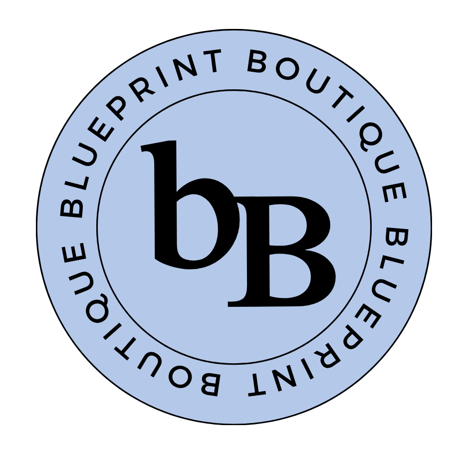 A circular logo for Blue Print Boutique with a light blue background and black text consisting of the words "BLUE PRINT BOUTIQUE" repeated twice around the border and the initials "bB" in the center.