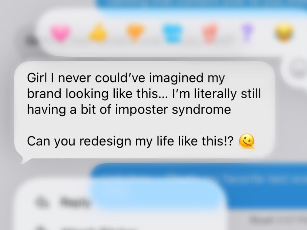A blurry screenshot of a messaging app with a text message discussing branding and imposter syndrome, with colorful icons at the top and a reply button at the bottom.