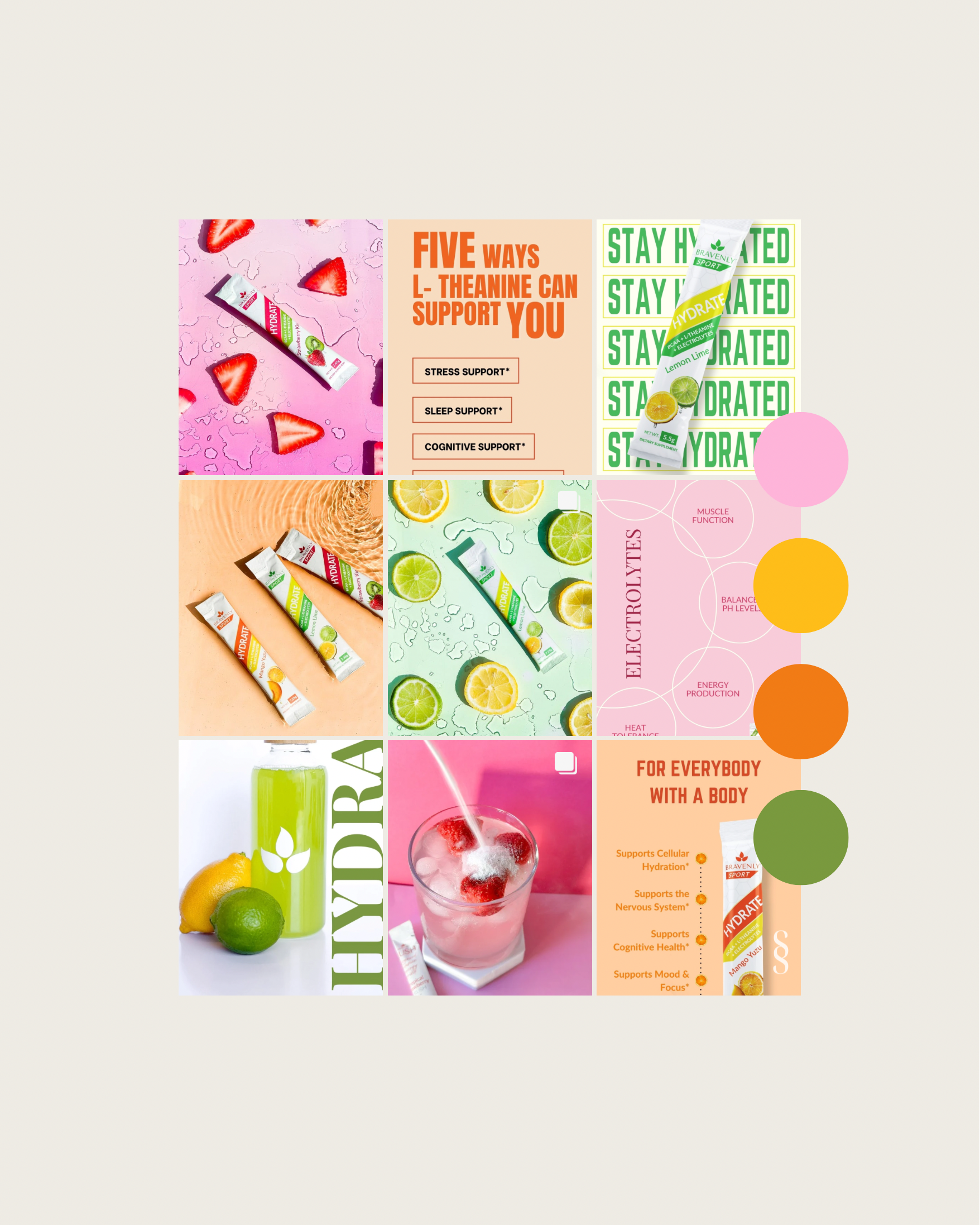Collage of three flavored electrolyte hydration packets with colorful backgrounds of strawberries, lemons, limes, and oranges, along with informational text about the benefits of the products.